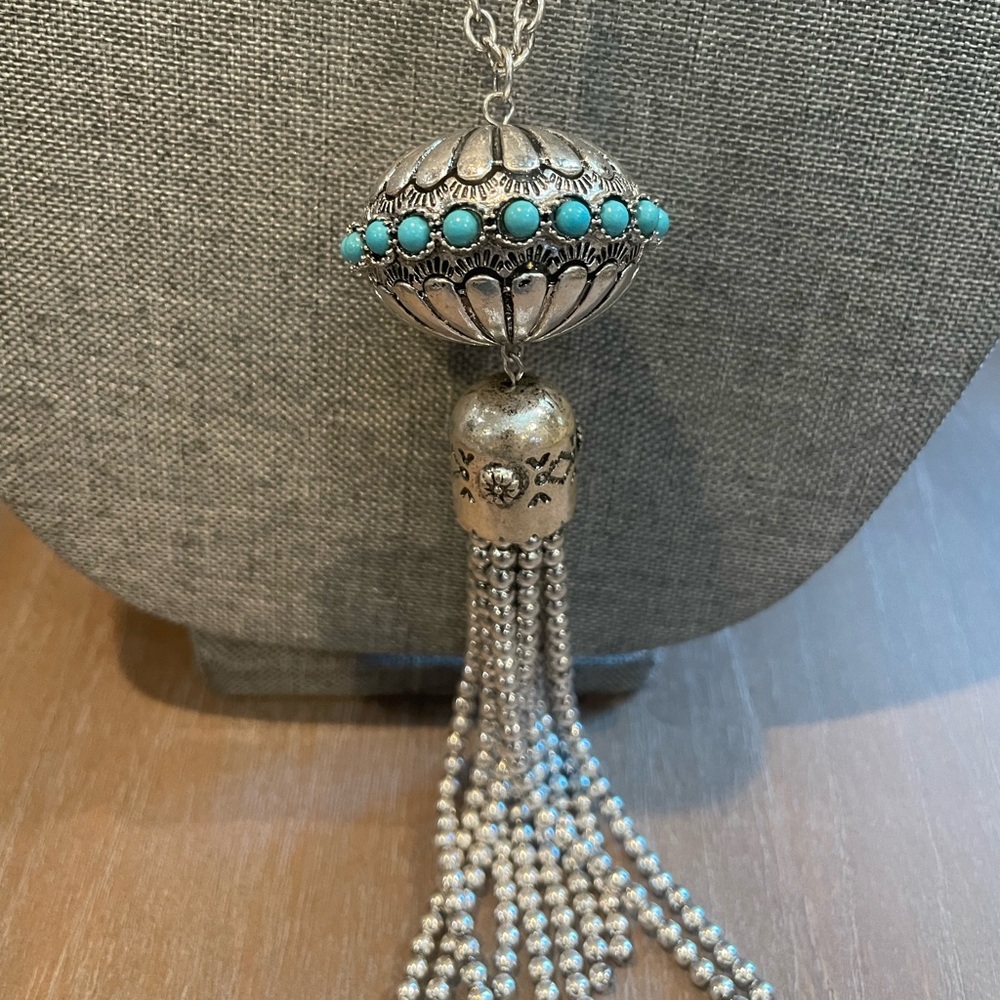 Statement Western Navajo Tassel Chain Pendant Necklace Silver & Turquoise NWT